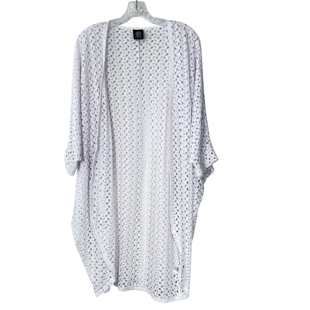 BOBEAU White Crochet Open Front Tunic Cardigan Swimsuit Cover-up Women's Size L - Picture 8 of 12